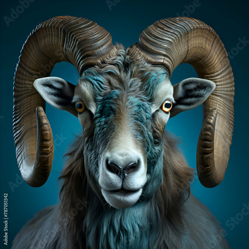 3d rendering of a ram with horns isolated on a blue background
