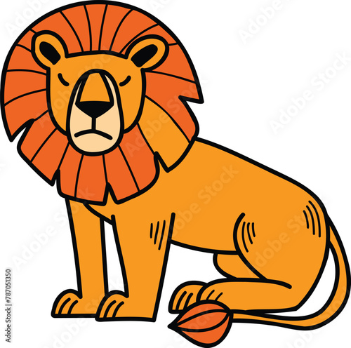 A cartoon lion is sitting on its haunches with its head down