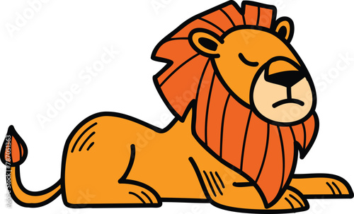 A cartoon lion is sitting on its haunches with its head down