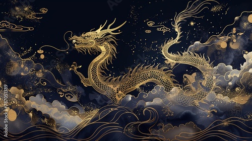 Luxurious art background featuring a majestic dragon soaring through the sky, outlined in exquisite golden line art