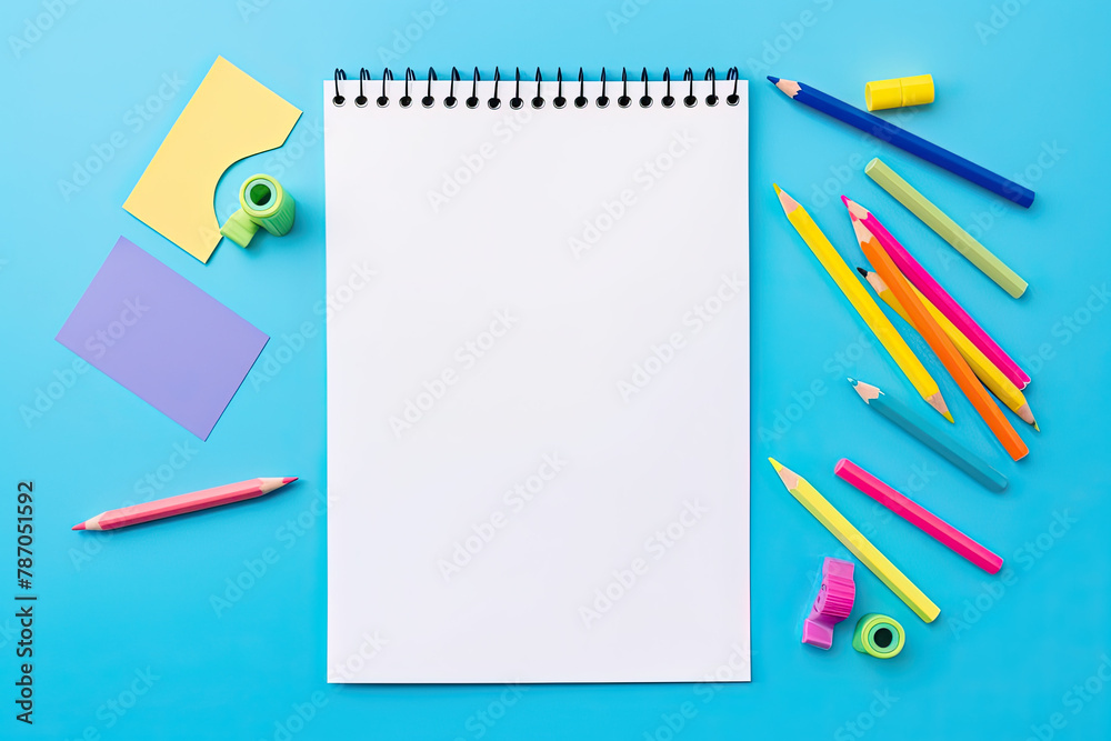 Blank paper notepad mockup with school supplies on blue background. Flat lay, top view, copy space. Back to school concept. Blue and yellow office stationery. High quality photo Blank paper notepad mockup with school supplies on blue background. Flat lay, top view, copy space. Back to school concept. Blue and yellow office stationery. High quality photo