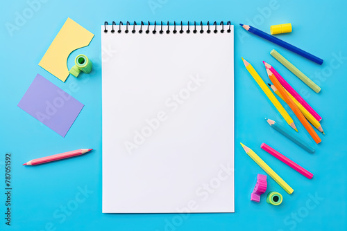 Blank paper notepad mockup with school supplies on blue background. Flat lay, top view, copy space. Back to school concept. Blue and yellow office stationery. High quality photo