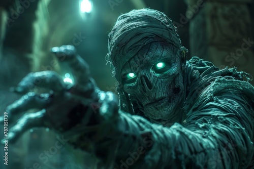 A cursed mummy with glowing green eyes, unraveling its ancient bandages as it reaches out from the depths of a dimly lit crypt.