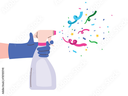 A hand in a glove holding a spray bottle with a confetti. Vector illustration isolated on white background
