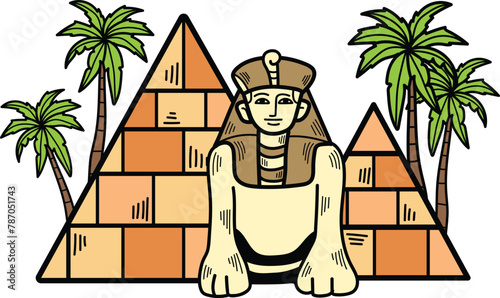 A statue of a woman is sitting in front of the pyramids of Egypt
