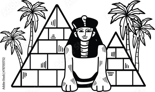 A statue of a woman is sitting in front of the pyramids of Egypt