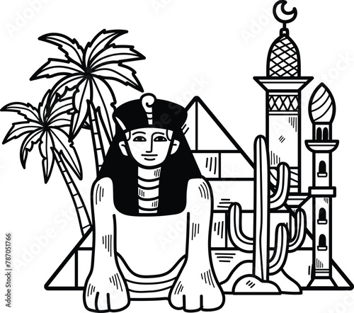 A statue of a woman is sitting in front of the pyramids of Egypt