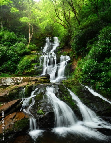 Tranquil waterfall cascading through lush greenery in a serene forest setting