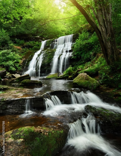 Tranquil waterfall cascades through a lush green forest, creating a peaceful nature scene