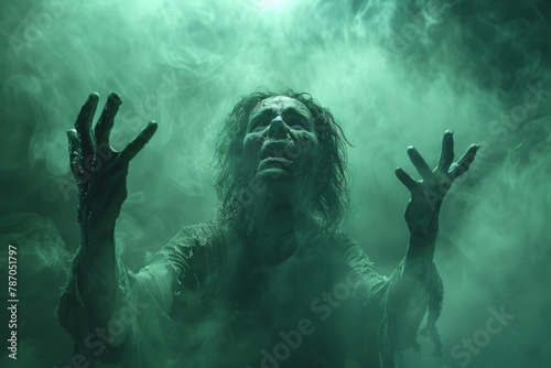A disturbing revenant rising from the ground, its face contorted in rage, hands clawing at the air as it is lit by eerie green light from below
