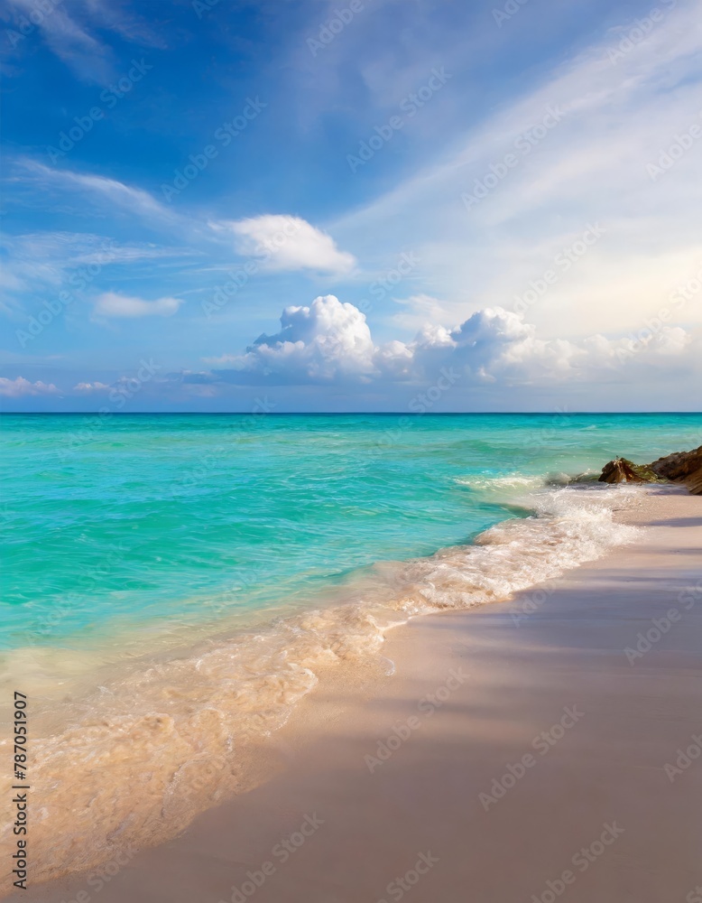 Idyllic scene of a serene beach with clear turquoise waters and a beautiful cloudy sky