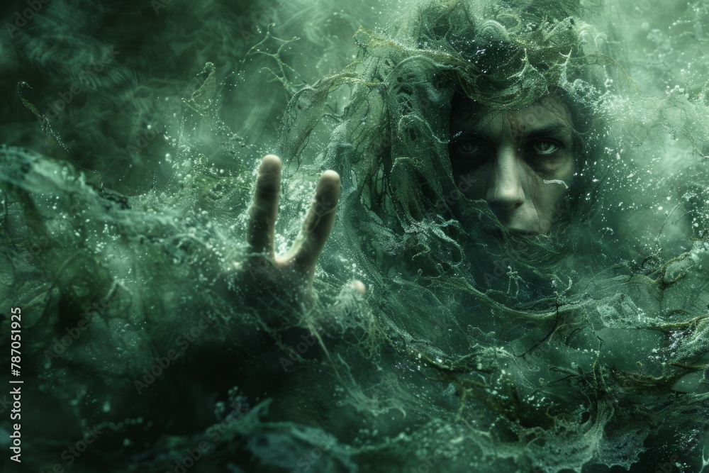 A horrifying apparition of a drowned sailor, skin bloated and pale, hands extended, with green seaweed-like tendrils swirling around in the dark water. 