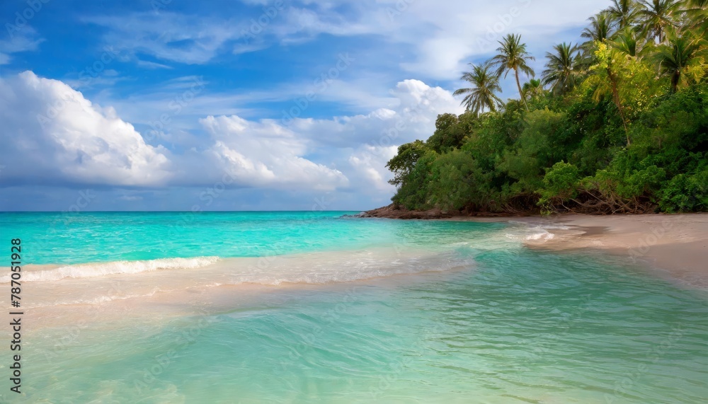 Pristine beach with crystal-clear waters and lush palm trees under a serene sky