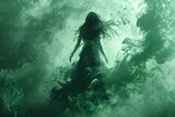 A shadowy banshee with flowing hair and a tattered dress, screaming into the void, her hands clawing at the air, surrounded by a faint green aura