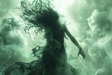 A shadowy banshee with flowing hair and a tattered dress, screaming into the void, her hands clawing at the air, surrounded by a faint green aura