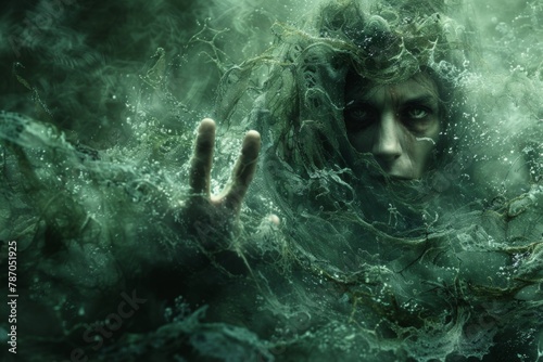 A horrifying apparition of a drowned sailor, skin bloated and pale, hands extended, with green seaweed-like tendrils swirling around in the dark water. 