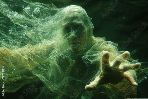 A horrifying apparition of a drowned sailor, skin bloated and pale, hands extended, with green seaweed-like tendrils swirling around in the dark water. 