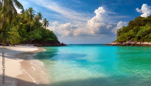 Panoramic view of a serene tropical beach with crystal-clear waters, white sand, and lush palm trees