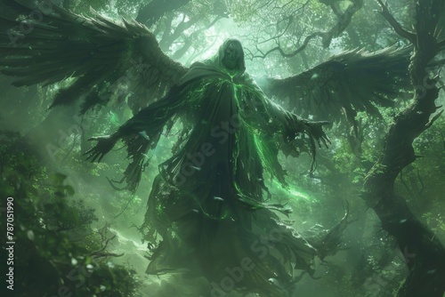 A menacing phantom with tattered wings, hovering in a haunted forest, hands reaching towards a green-lit path beckoning travelers to their doom © Filip