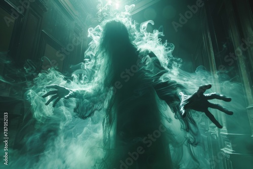 An ethereal specter floating in a low-lit room, its form shimmering with a ghostly green light, hands reaching out as if to pull someone into the netherworld