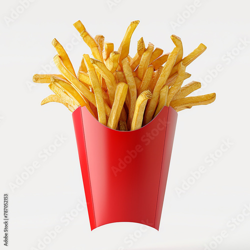 French fries in red paper packaging. Studio photo on a white background.