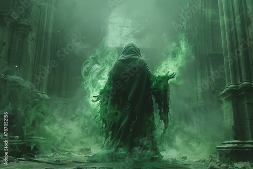 An ominous figure shrouded in a hood, its hands emanating a ghostly green light as it gestures in a summoning motion in a dark, abandoned castle chamber