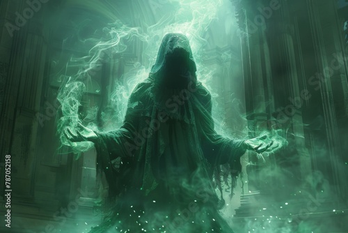 An ominous figure shrouded in a hood, its hands emanating a ghostly green light as it gestures in a summoning motion in a dark, abandoned castle chamber © Filip