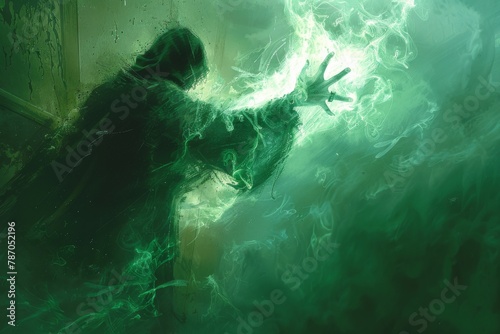 An ethereal specter floating in a low-lit room, its form shimmering with a ghostly green light, hands reaching out as if to pull someone into the netherworld