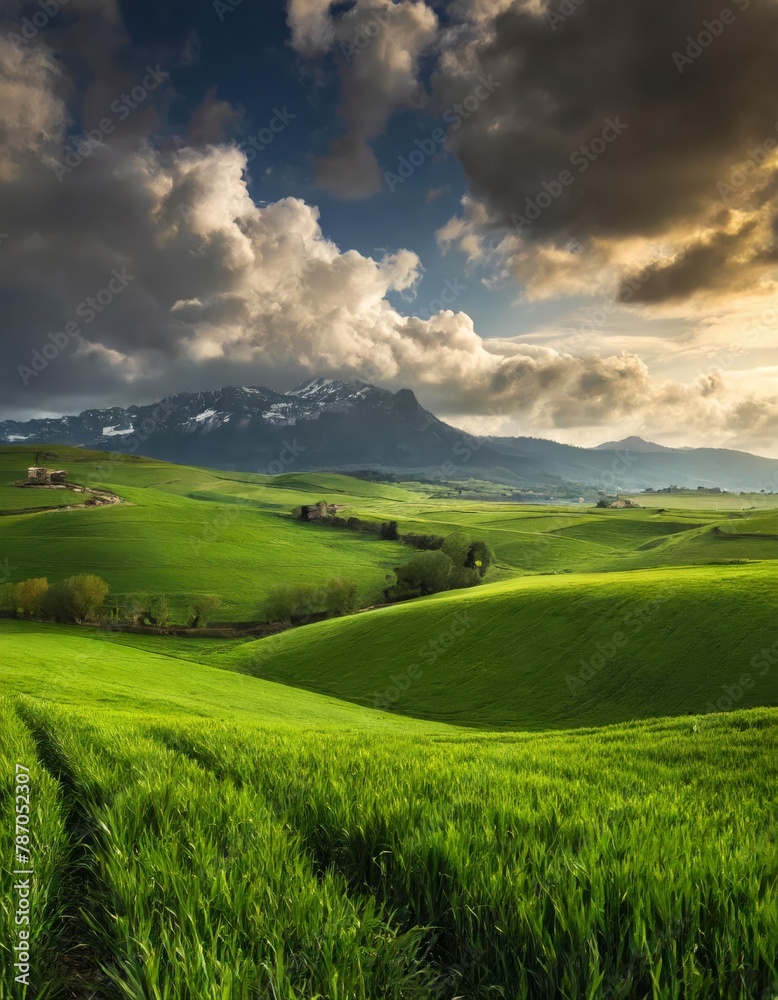 Fototapeta premium Majestic landscape with lush green fields and mountain backdrop