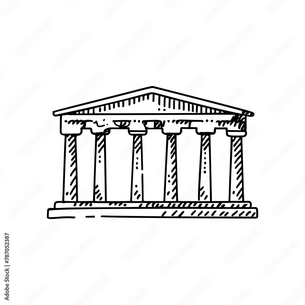 Fototapeta premium Greek or roman temple building, ancient architecture with columns and pediment. Summer landscape with antique palace with pillars and road through lake, vector cartoon illustration 
