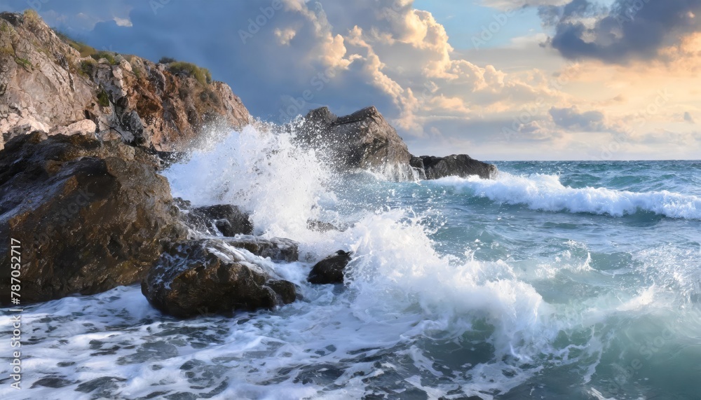 Wild ocean waves crashing on rocky shore at sunset