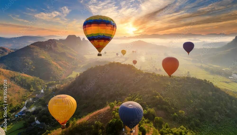 Hot air balloons at sunrise over scenic landscape