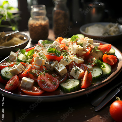 Greek salad with feta cheese. tomatoes. cucumbers and herbs