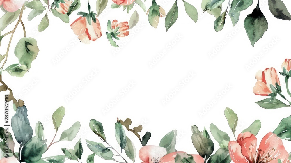 A gentle and artistic watercolor painting featuring a delicate floral border with green foliage and subtle pink flowers, perfect for invitations and cards