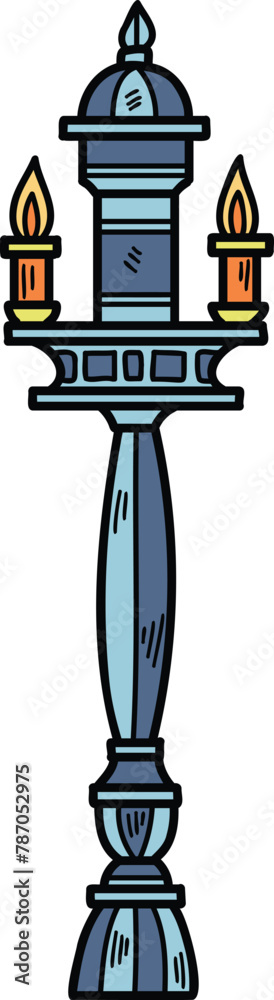 A tall black pole with three candles on top A tall black pole with three candles on top