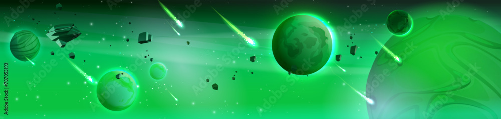 Naklejka premium Green space for fantasy game. Galaxy cartoon sky with planet. Outer universe at night with star vector background. Futuristic cosmic landscape of fiction magic world. Astronomy graphic with comet