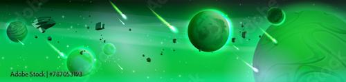 Green space for fantasy game. Galaxy cartoon sky with planet. Outer universe at night with star vector background. Futuristic cosmic landscape of fiction magic world. Astronomy graphic with comet © klyaksun