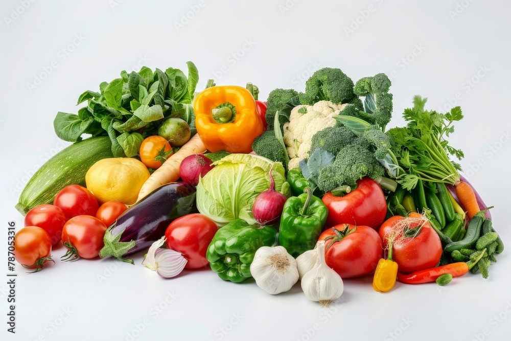 A vibrant mix of colorful vegetables spilling onto a white surface. A vibrant mix of colorful vegetables spilling onto a white surface.