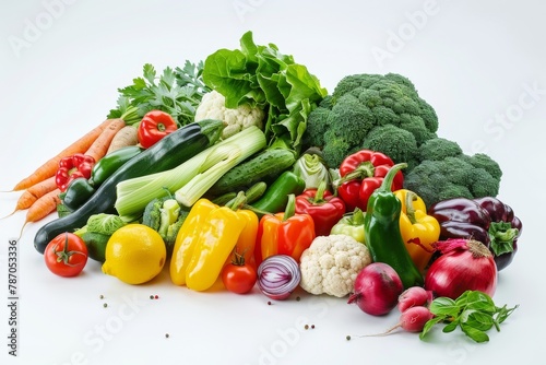 A vibrant mix of assorted fresh vegetables spilling onto a clean white surface.