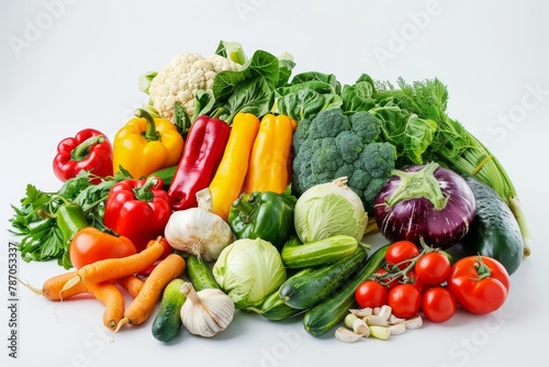 A vibrant mix of colorful vegetables spilling onto a white surface.