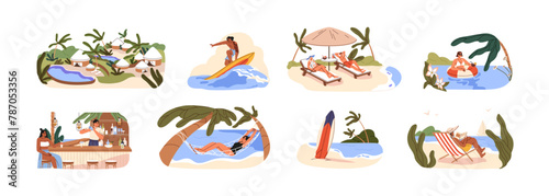 People have rest on tropical island set. Tourists travel to resort. Men and women relax on hammock, sunbathing on sunbed, surfing in sea. Beach activity. Flat isolated vector illustration on white
