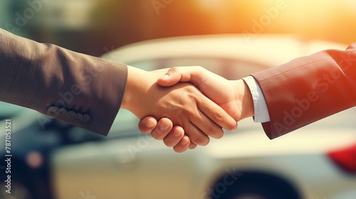 Customer shaking hands with auto insurance agents, seal deal with blurred car background - business insurance agreement concept

 photo