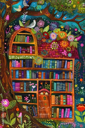 Colorful illustration of a whimsical book tree