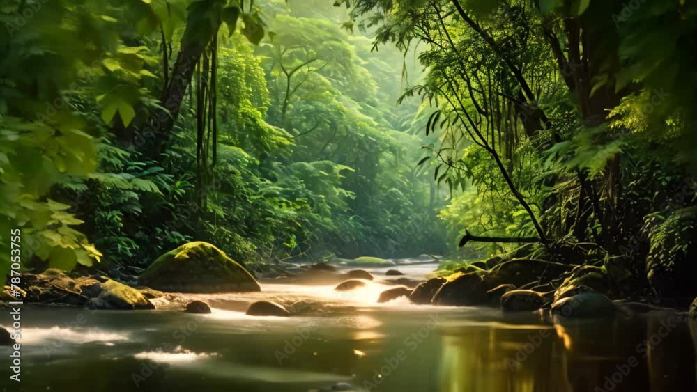 Beautiful nature of green forest with river flowing through the jungle ...
