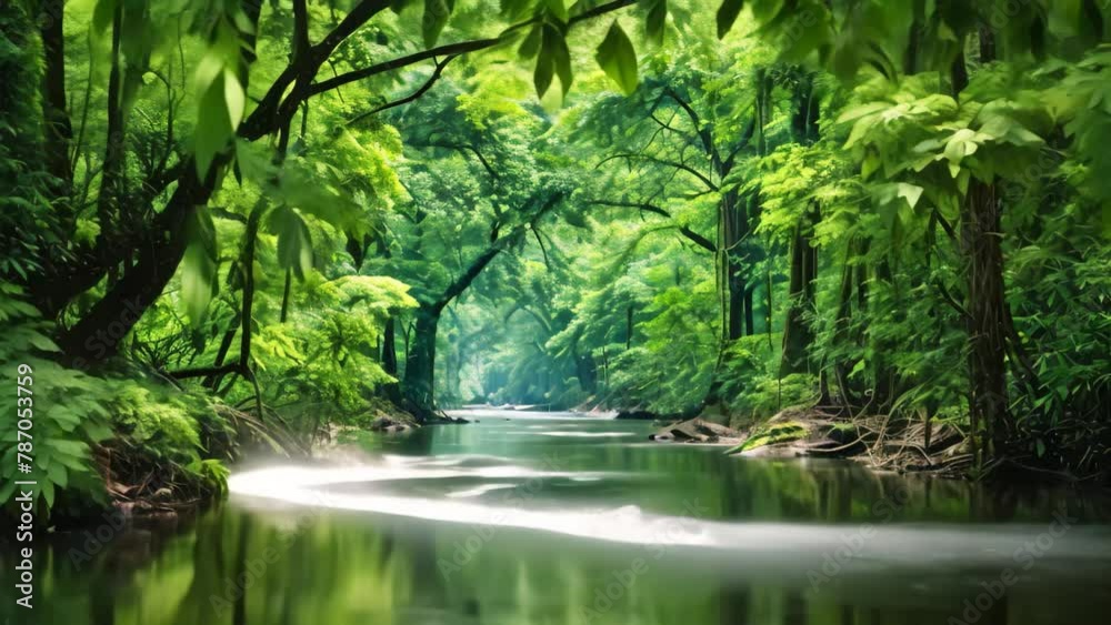 Stream in the rainforest at Taipei,Taiwan,Asia, Lush rainforest and rivers in summer, rainforest covered by green trees Stream in the rainforest at Taipei,Taiwan,Asia, Lush rainforest and rivers in summer, rainforest covered by green trees