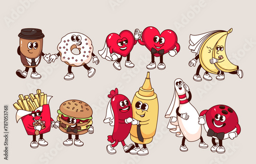 Groovy love couples cartoon characters set. Funny retro bananas and hearts, fast food, bowling pin and ball mascots dance. cartoon love and marriage stickers of 70s 80s style vector illustration