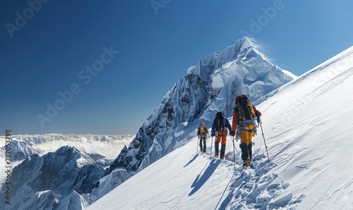 Mountaineers ascending a snowy peak