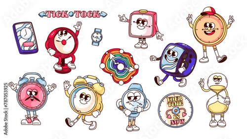 Groovy clock cartoon characters and stickers set. Funny retro alarm clock with hour and minute hands, hourglass with sand, smart watch. Cartoon time mascots of 70s 80s style vector illustration