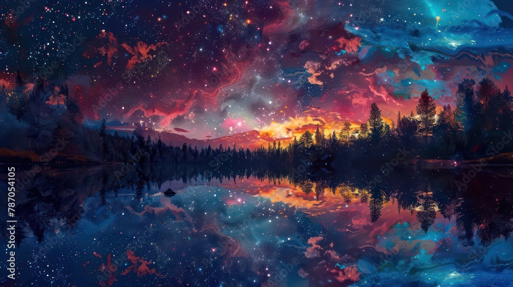 Starry night sky reflected in tranquil lake Starry night sky reflected in tranquil lake