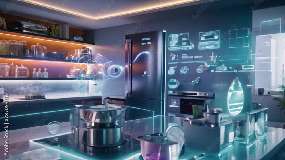 Black modern kitchen interior with a black cupboard, a laptop and a smartphone with a hologram. 3d rendering mock up toned Video double exposure, A smart kitchen connected Black modern kitchen interior with a black cupboard, a laptop and a smartphone with a hologram. 3d rendering mock up toned Video double exposure, A smart kitchen connected